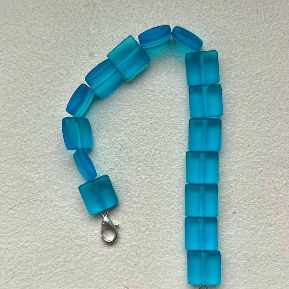 Blue Frosted Glass Bead Bracelet with Silver Clasp